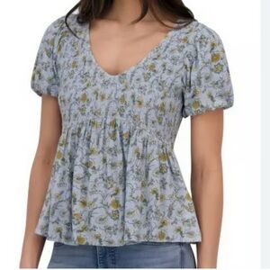 Lucky Brand Blue Floral Smocked Puff Sleeve Blouse